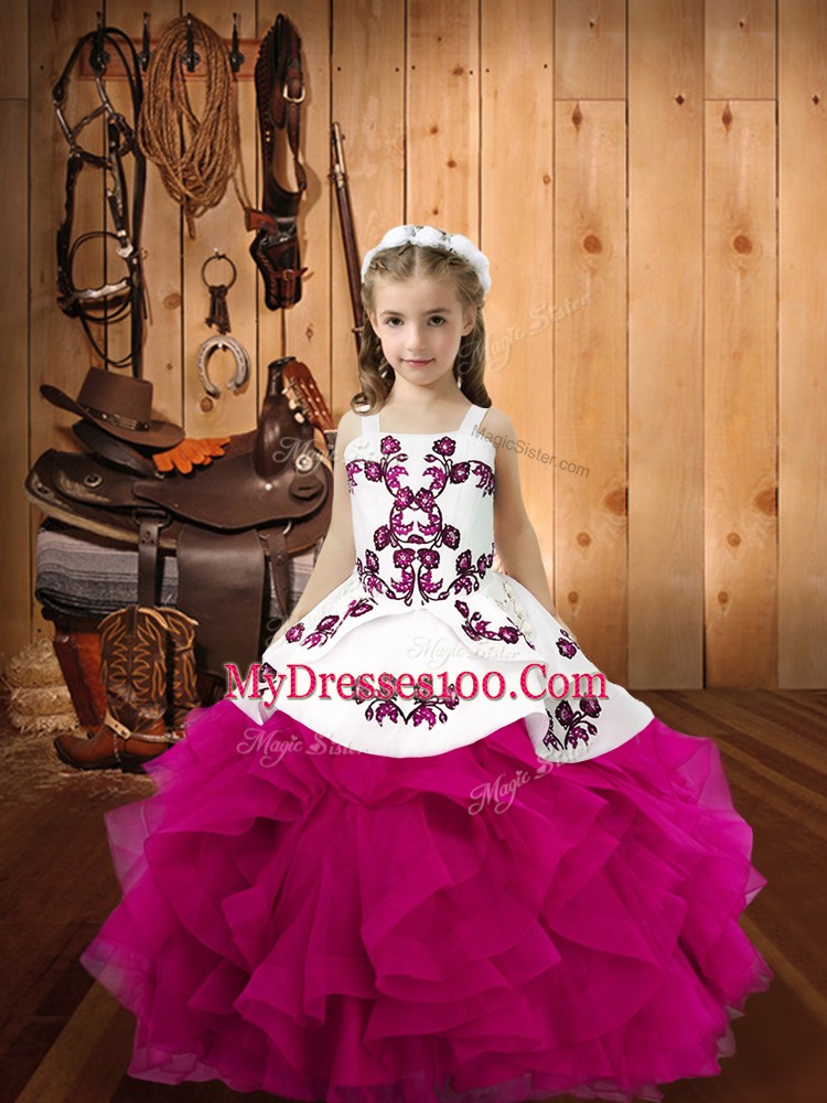 Custom Designed Fuchsia Ball Gowns Straps Sleeveless Organza Floor Length Lace Up Embroidery and Ruffles Glitz Pageant Dress