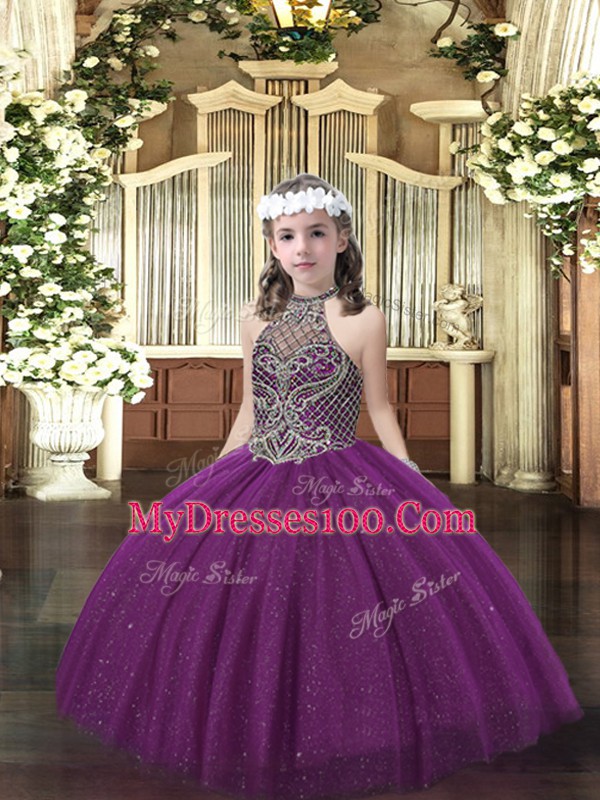 Excellent Dark Purple Halter Top Neckline Beading Little Girls Pageant Dress Sleeveless Lace Up
