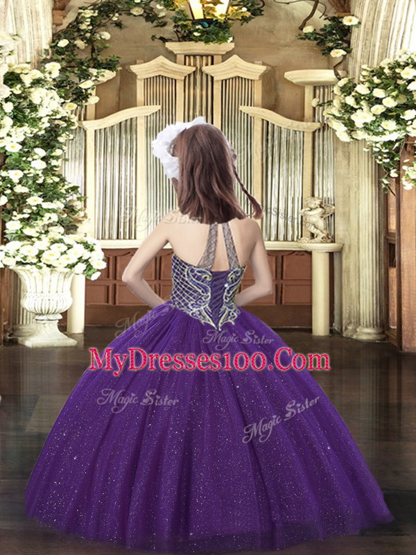 Excellent Dark Purple Halter Top Neckline Beading Little Girls Pageant Dress Sleeveless Lace Up