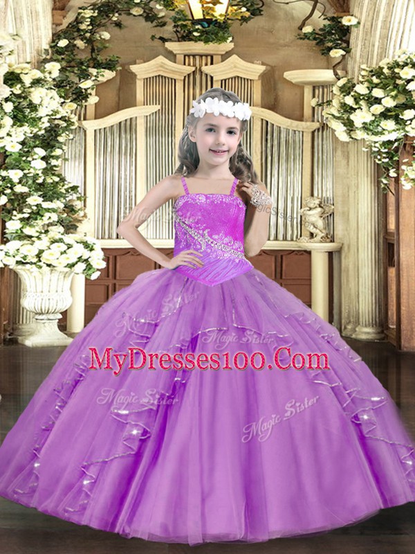 On Sale Lilac Ball Gowns Tulle Straps Sleeveless Ruffles and Sequins Floor Length Lace Up Child Pageant Dress
