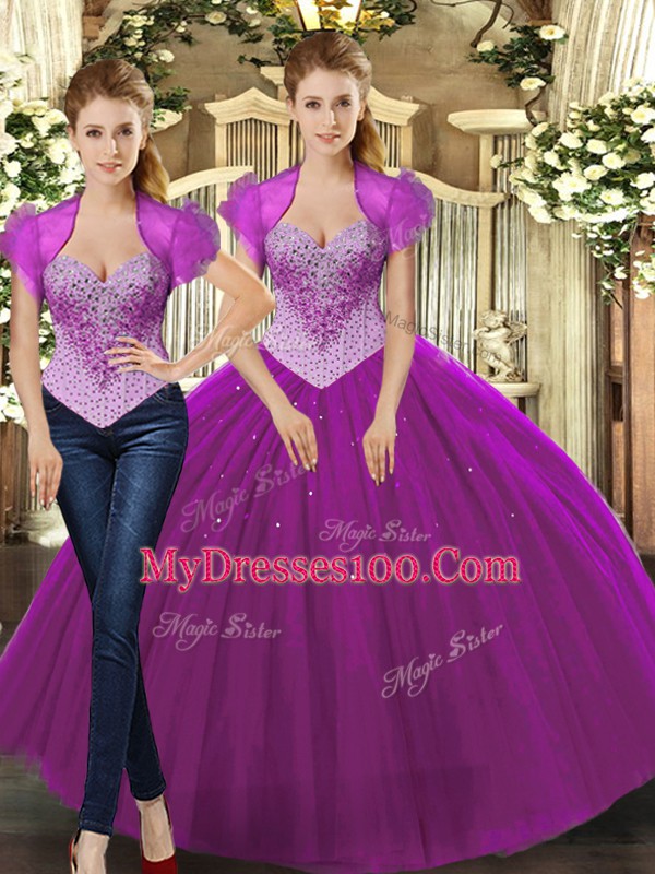 Custom Designed Fuchsia Tulle Lace Up Straps Sleeveless Floor Length Ball Gown Prom Dress Beading