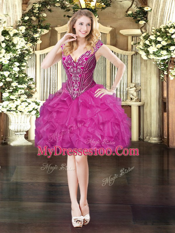 Fuchsia Club Wear Prom and Party with Beading and Ruffles V-neck Sleeveless Lace Up