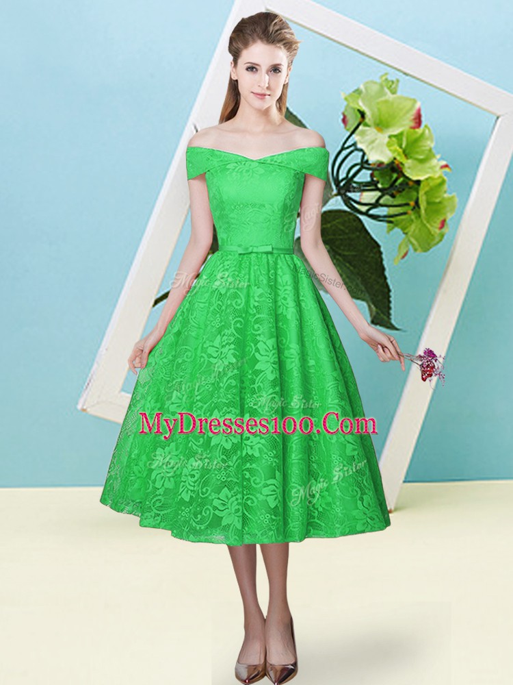 Cap Sleeves Lace Up Tea Length Bowknot Quinceanera Court Dresses