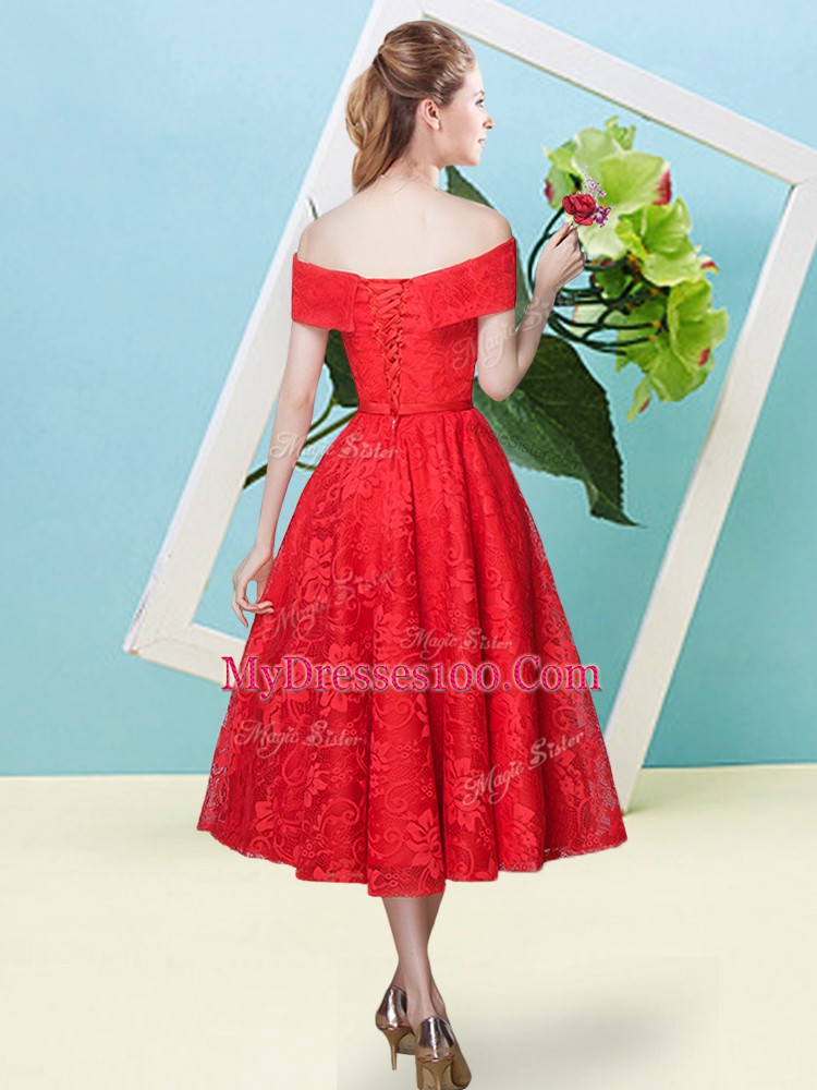 Cap Sleeves Lace Up Tea Length Bowknot Quinceanera Court Dresses