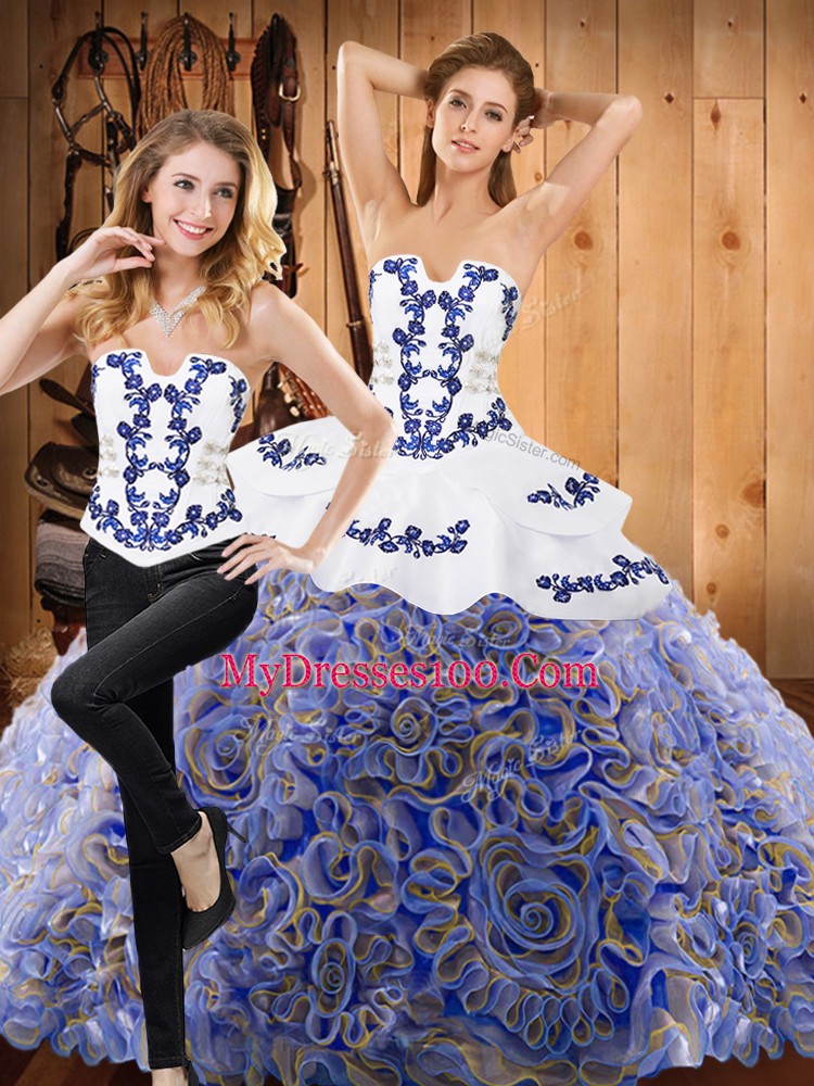Brush Train Two Pieces Quinceanera Dress Multi-color Strapless Fabric With Rolling Flowers Sleeveless Lace Up