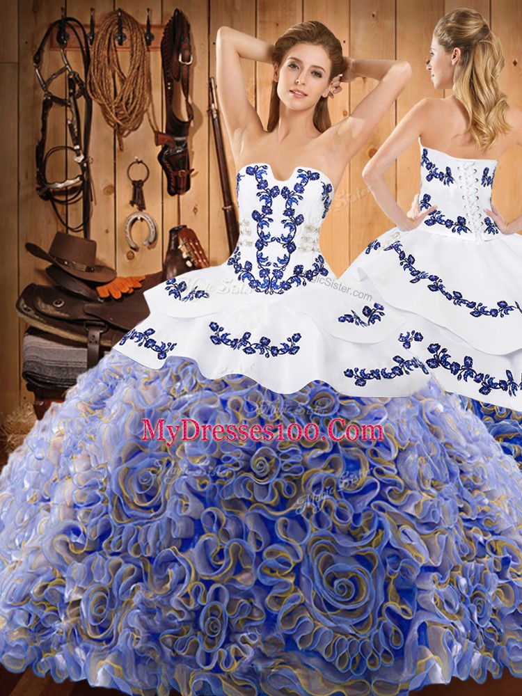 Brush Train Two Pieces Quinceanera Dress Multi-color Strapless Fabric With Rolling Flowers Sleeveless Lace Up