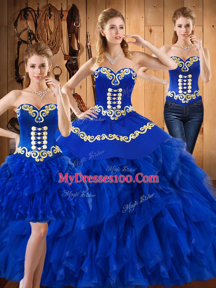 Blue Sweetheart Neckline Embroidery and Ruffles Quinceanera Gowns Sleeveless Lace Up