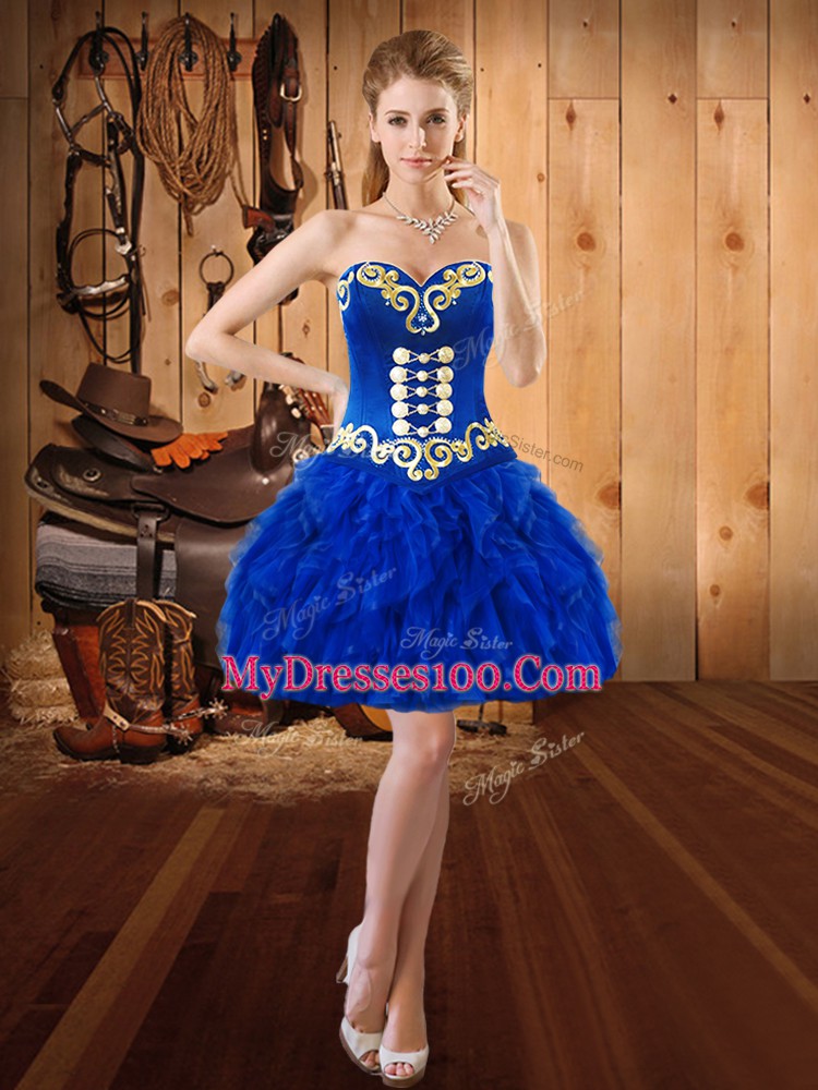 Blue Sweetheart Neckline Embroidery and Ruffles Quinceanera Gowns Sleeveless Lace Up