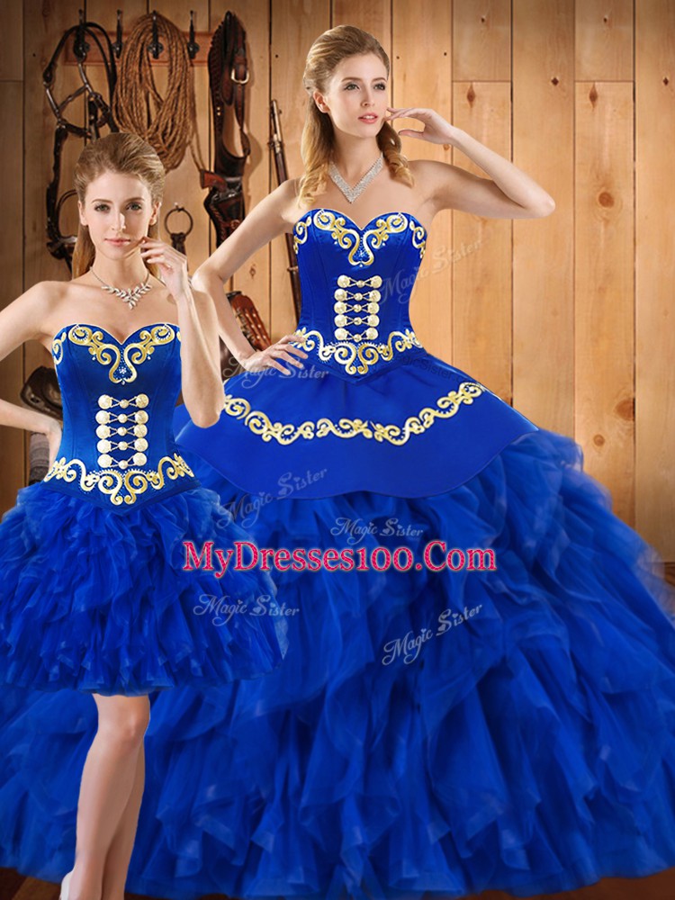 Blue Sweetheart Neckline Embroidery and Ruffles Quinceanera Gowns Sleeveless Lace Up