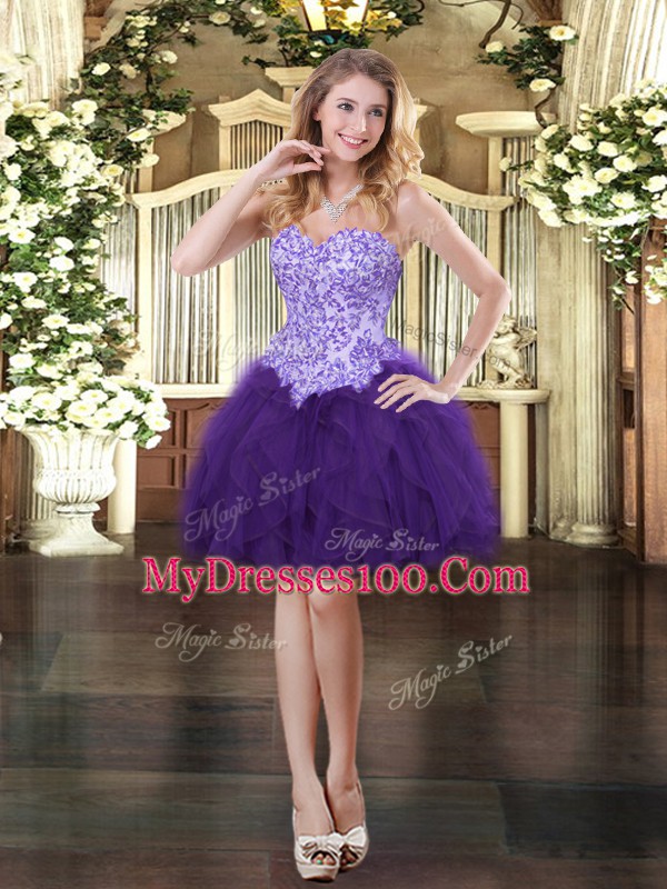 Sweet Sleeveless Tulle Mini Length Lace Up in Purple with Appliques and Ruffles