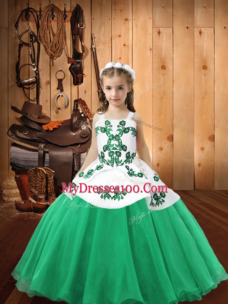 Fashionable Turquoise Ball Gowns Straps Sleeveless Organza Floor Length Lace Up Embroidery Child Pageant Dress