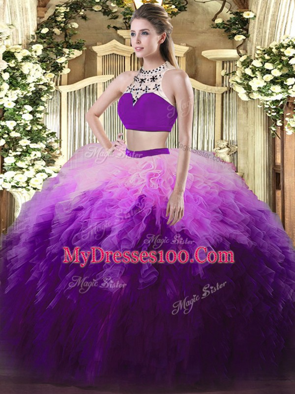 Two Pieces Ball Gown Prom Dress Multi-color High-neck Tulle Sleeveless Floor Length Backless