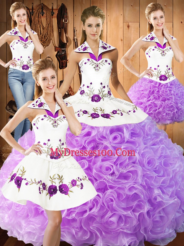 Perfect Sleeveless Fabric With Rolling Flowers Floor Length Lace Up 15th Birthday Dress in Lilac with Embroidery
