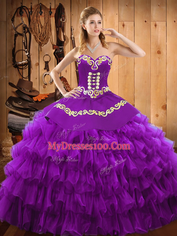 Pretty Purple Lace Up 15 Quinceanera Dress Embroidery and Ruffled Layers Sleeveless Floor Length
