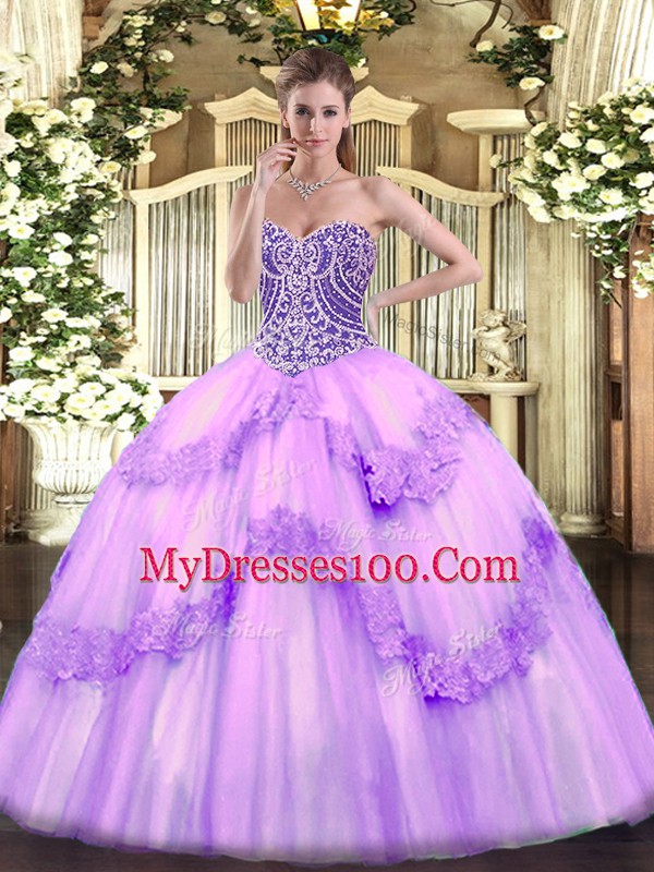 Lavender Sleeveless Tulle Lace Up Quinceanera Dress for Military Ball and Sweet 16 and Quinceanera