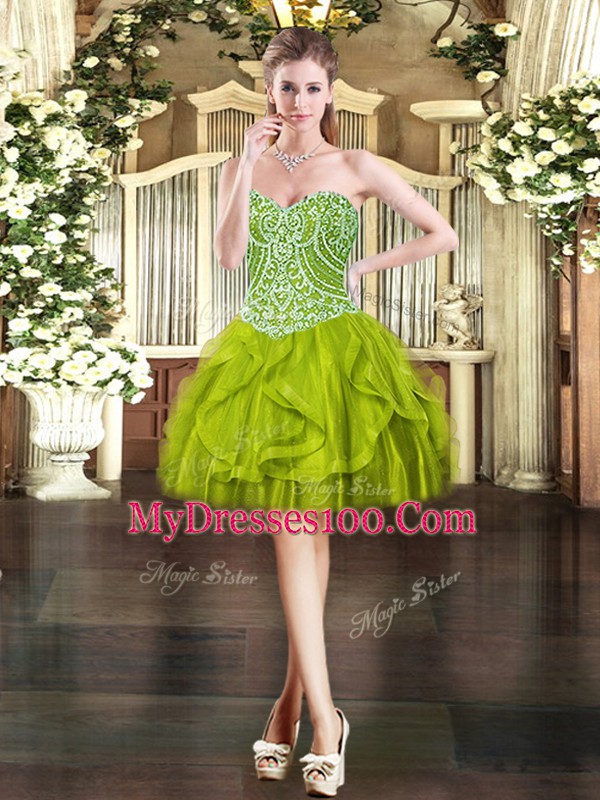 Exquisite Olive Green Organza Lace Up Sweetheart Sleeveless Floor Length Quinceanera Gowns Beading and Ruffles