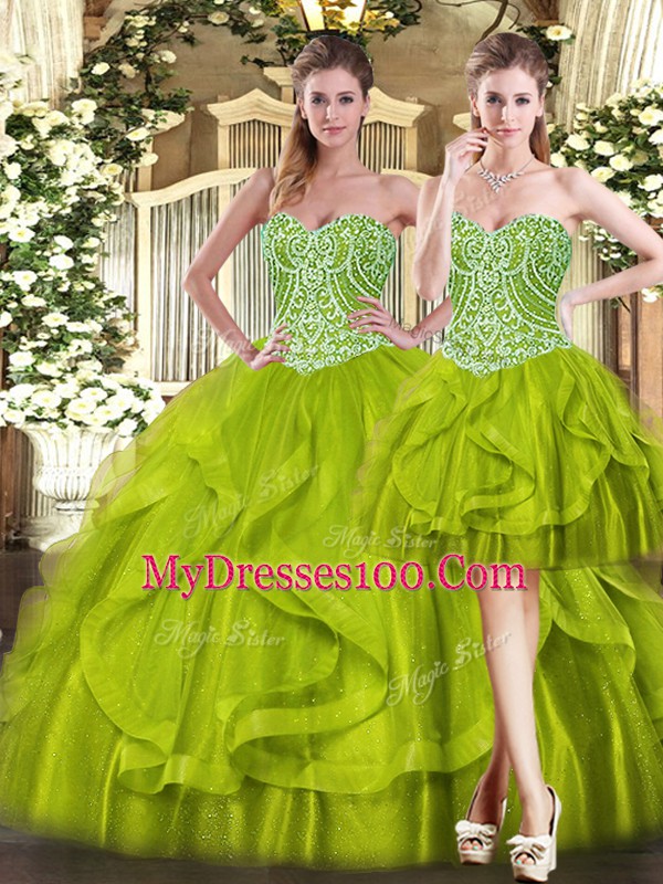 Exquisite Olive Green Organza Lace Up Sweetheart Sleeveless Floor Length Quinceanera Gowns Beading and Ruffles