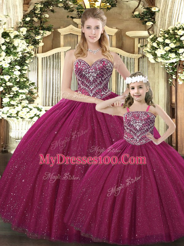 Burgundy Sleeveless Beading Floor Length Quinceanera Gown