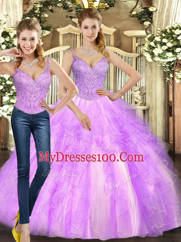 Inexpensive Sleeveless Floor Length Beading and Ruffles Lace Up Quinceanera Gowns with Lilac