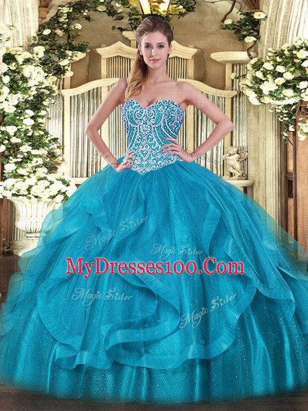 Chic Sleeveless Organza Floor Length Lace Up Quinceanera Gowns in Baby Blue with Beading and Ruffles