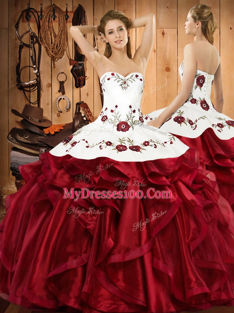 Wine Red Sweetheart Neckline Embroidery and Ruffles Quinceanera Gown Sleeveless Lace Up