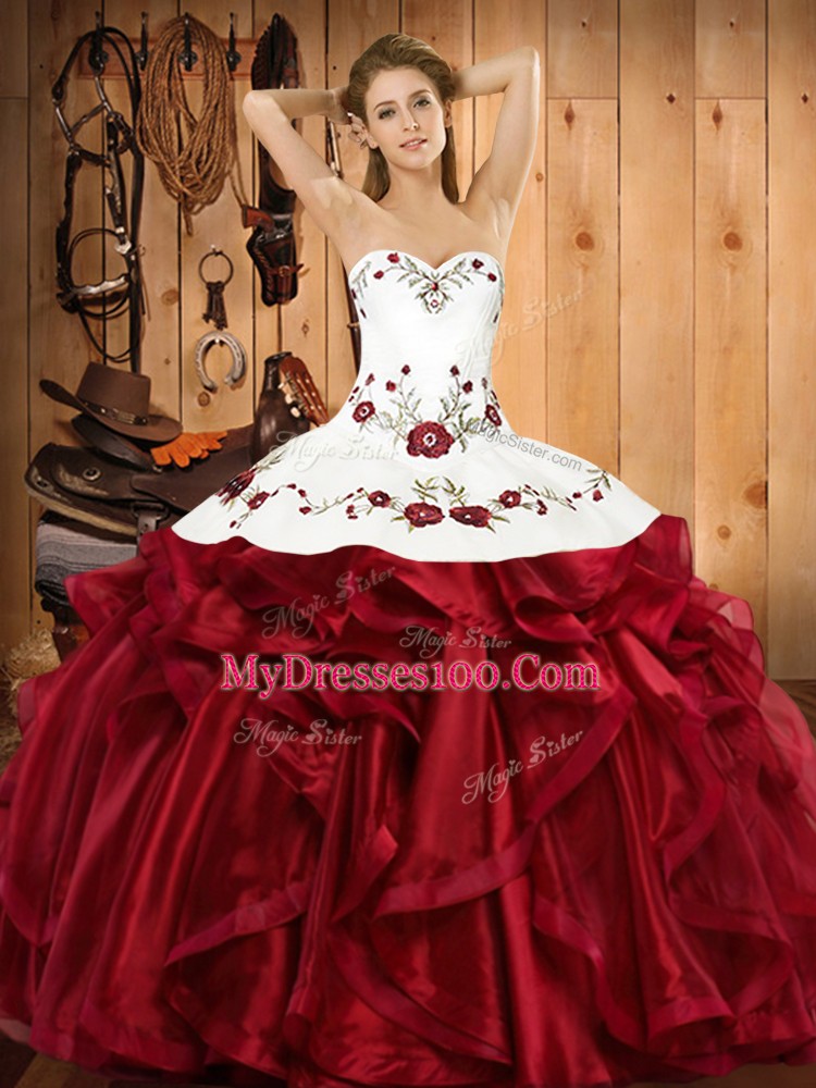 Wine Red Sweetheart Neckline Embroidery and Ruffles Quinceanera Gown Sleeveless Lace Up