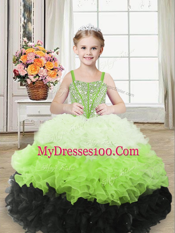 Super Multi-color Ball Gowns Organza One Shoulder Sleeveless Beading and Ruffles Floor Length Zipper High School Pageant Dress