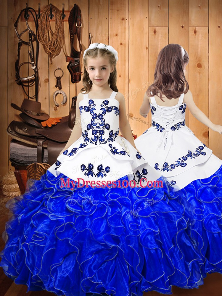 Royal Blue Lace Up Straps Embroidery and Ruffles Kids Formal Wear Organza Sleeveless
