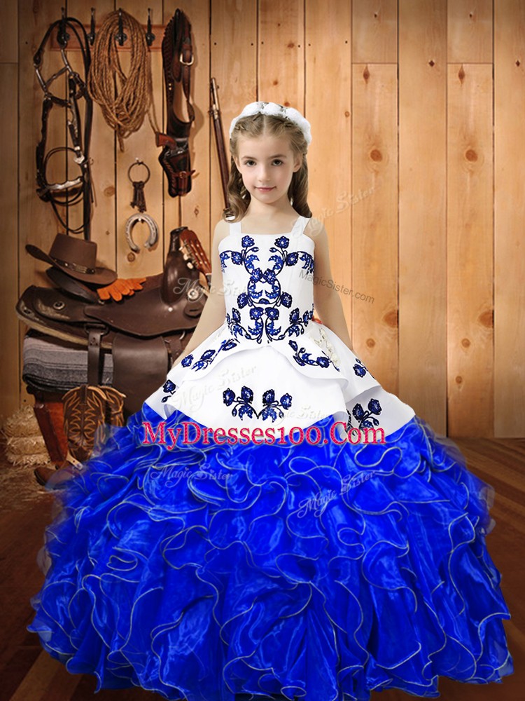 Royal Blue Lace Up Straps Embroidery and Ruffles Kids Formal Wear Organza Sleeveless