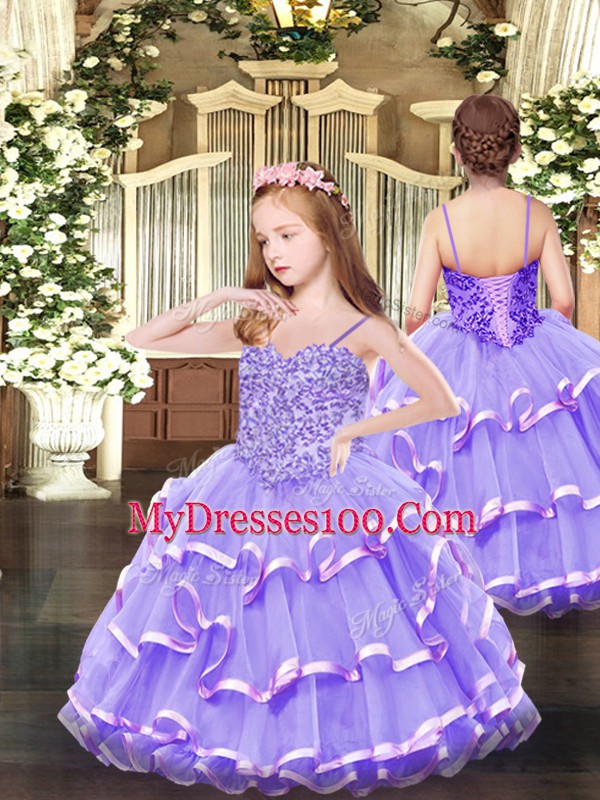 Lavender Organza Lace Up Sweetheart Sleeveless Floor Length Sweet 16 Dresses Beading and Ruffled Layers