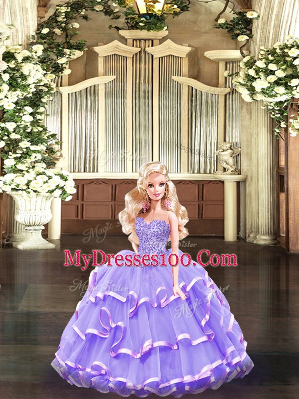 Lavender Organza Lace Up Sweetheart Sleeveless Floor Length Sweet 16 Dresses Beading and Ruffled Layers