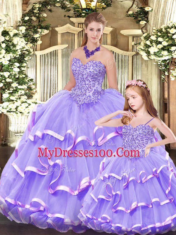 Lavender Organza Lace Up Sweetheart Sleeveless Floor Length Sweet 16 Dresses Beading and Ruffled Layers