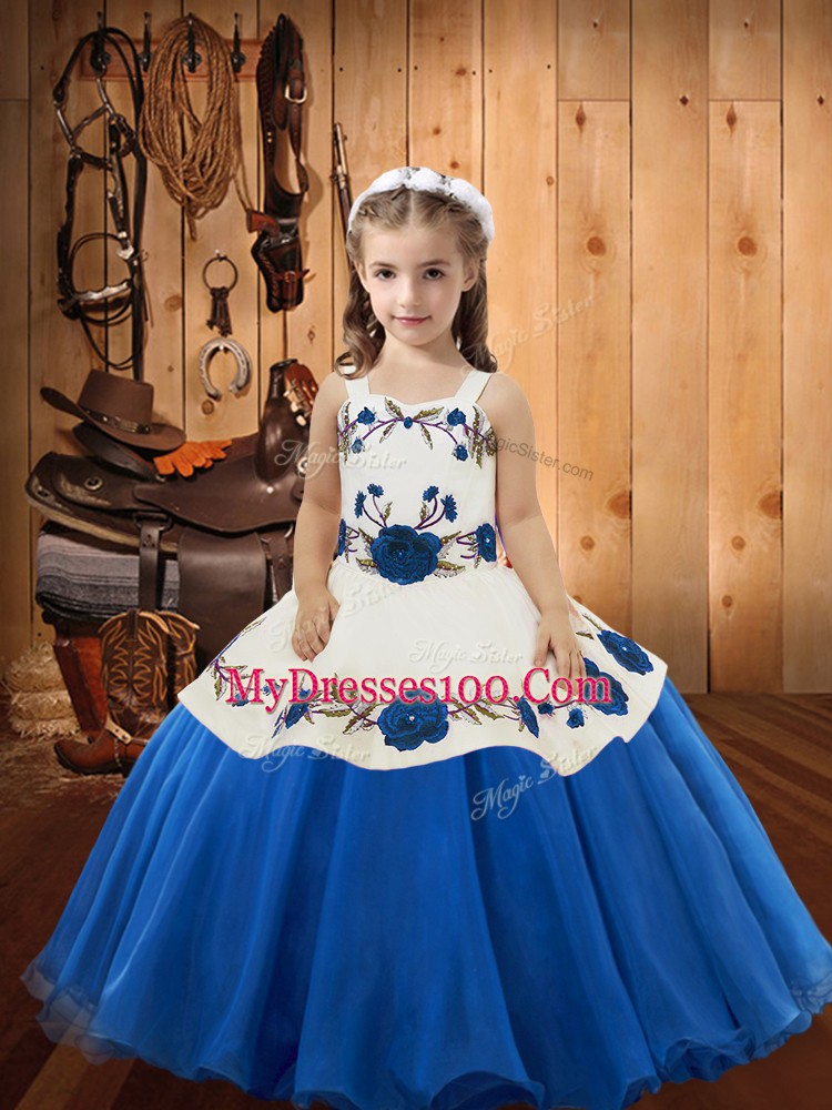 Elegant Blue Lace Up Straps Embroidery Little Girls Pageant Gowns Organza Sleeveless