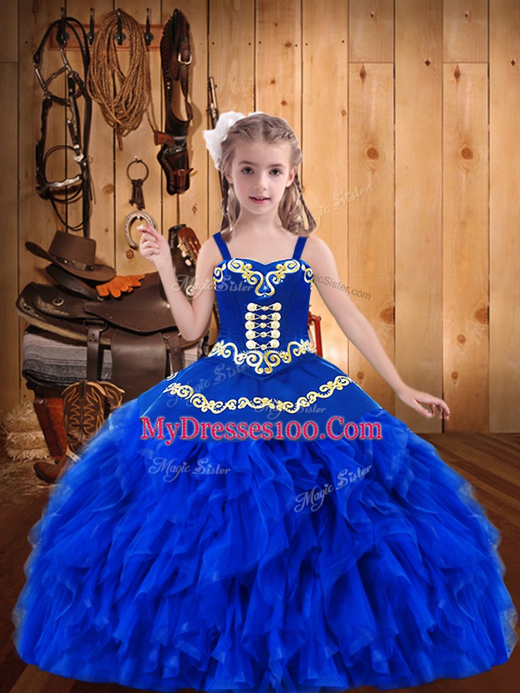 Attractive Royal Blue Child Pageant Dress Party and Sweet 16 and Quinceanera and Wedding Party with Embroidery and Ruffles Straps Sleeveless Lace Up
