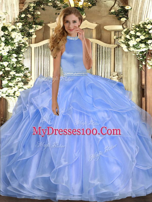 Comfortable Floor Length Blue Quince Ball Gowns Organza Sleeveless Beading and Ruffles