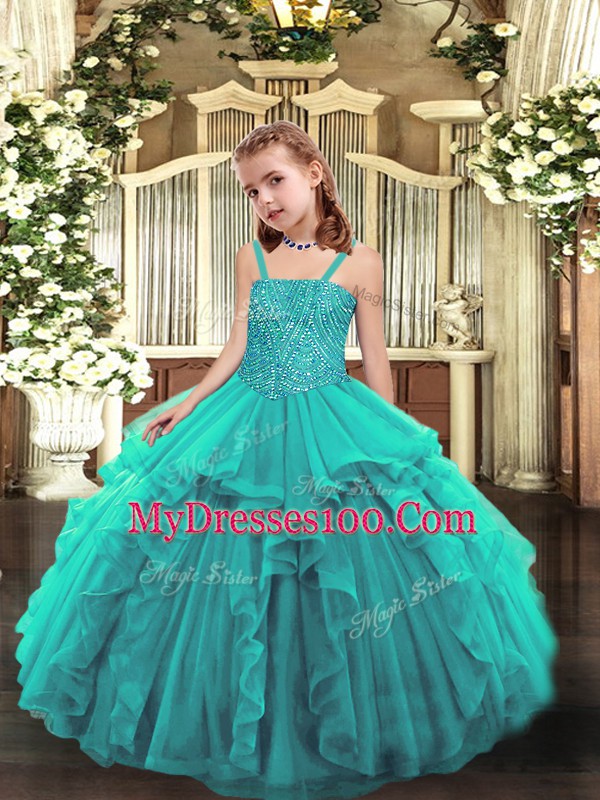 Sleeveless Organza Floor Length Lace Up High School Pageant Dress in Teal with Beading and Ruffles