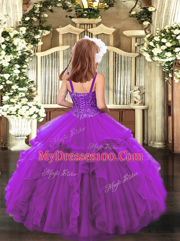 Sleeveless Organza Floor Length Lace Up High School Pageant Dress in Teal with Beading and Ruffles