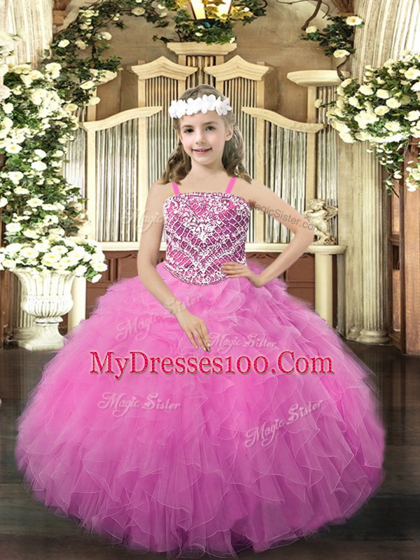 Popular Rose Pink Straps Neckline Beading and Ruffles Pageant Gowns Sleeveless Lace Up