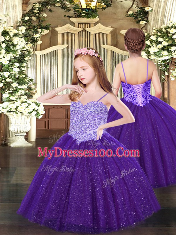 Sleeveless Lace Up Floor Length Appliques Little Girls Pageant Gowns