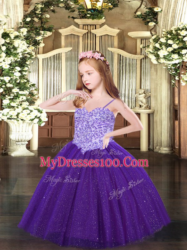 Sleeveless Lace Up Floor Length Appliques Little Girls Pageant Gowns