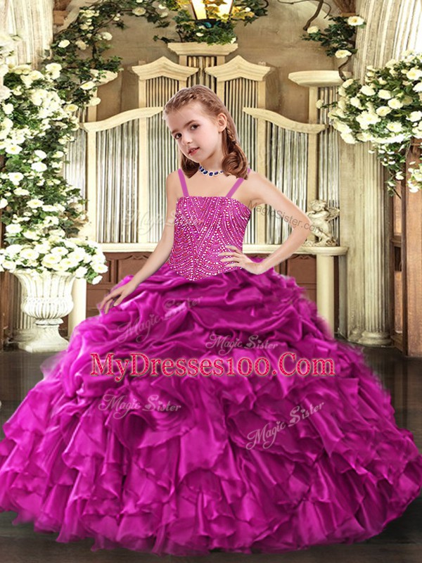 Elegant Fuchsia Organza Lace Up Little Girls Pageant Dress Sleeveless Floor Length Beading and Ruffles