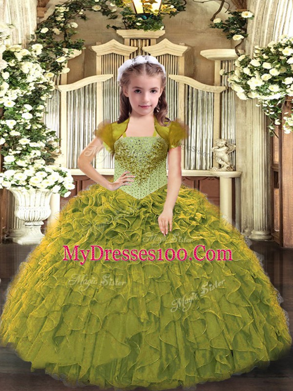 Sleeveless Lace Up Floor Length Beading and Ruffles Little Girl Pageant Dress