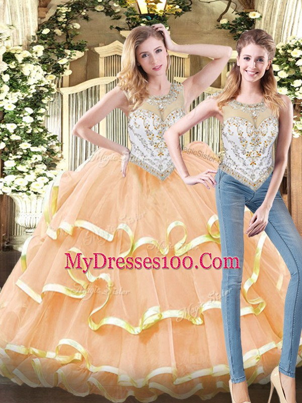 Peach Scoop Zipper Beading and Ruffled Layers Quince Ball Gowns Sleeveless