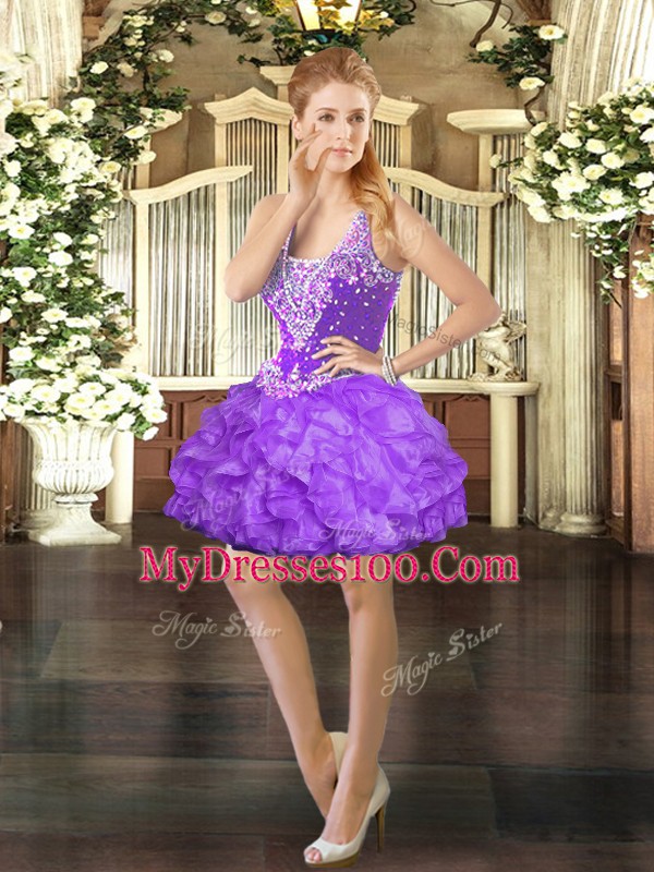 Customized Sleeveless Mini Length Beading and Ruffles Lace Up Party Dress for Toddlers with Eggplant Purple
