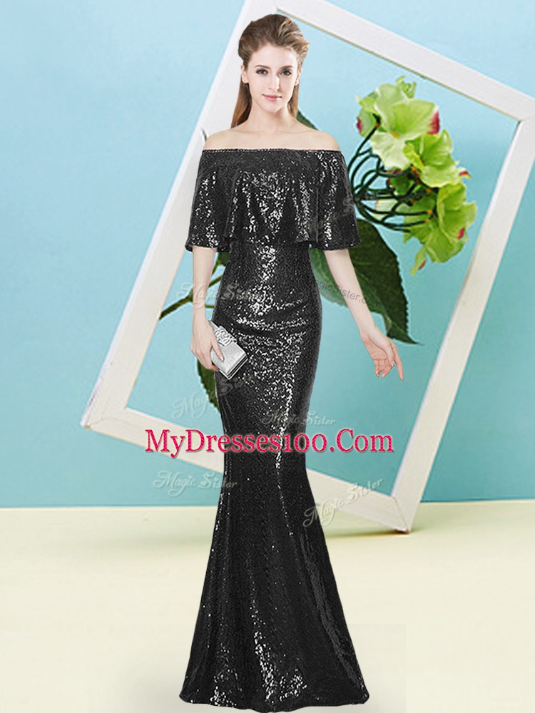 Fantastic Black Off The Shoulder Zipper Sequins Prom Dress Half Sleeves