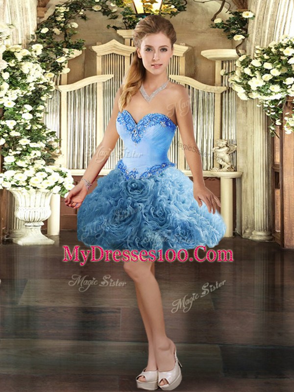 Fantastic Sleeveless Fabric With Rolling Flowers Mini Length Lace Up Prom Dresses in Baby Blue with Beading
