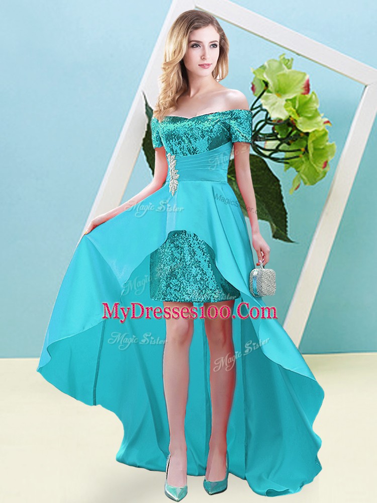 Custom Design Aqua Blue Short Sleeves High Low Beading Lace Up Ball Gown Prom Dress