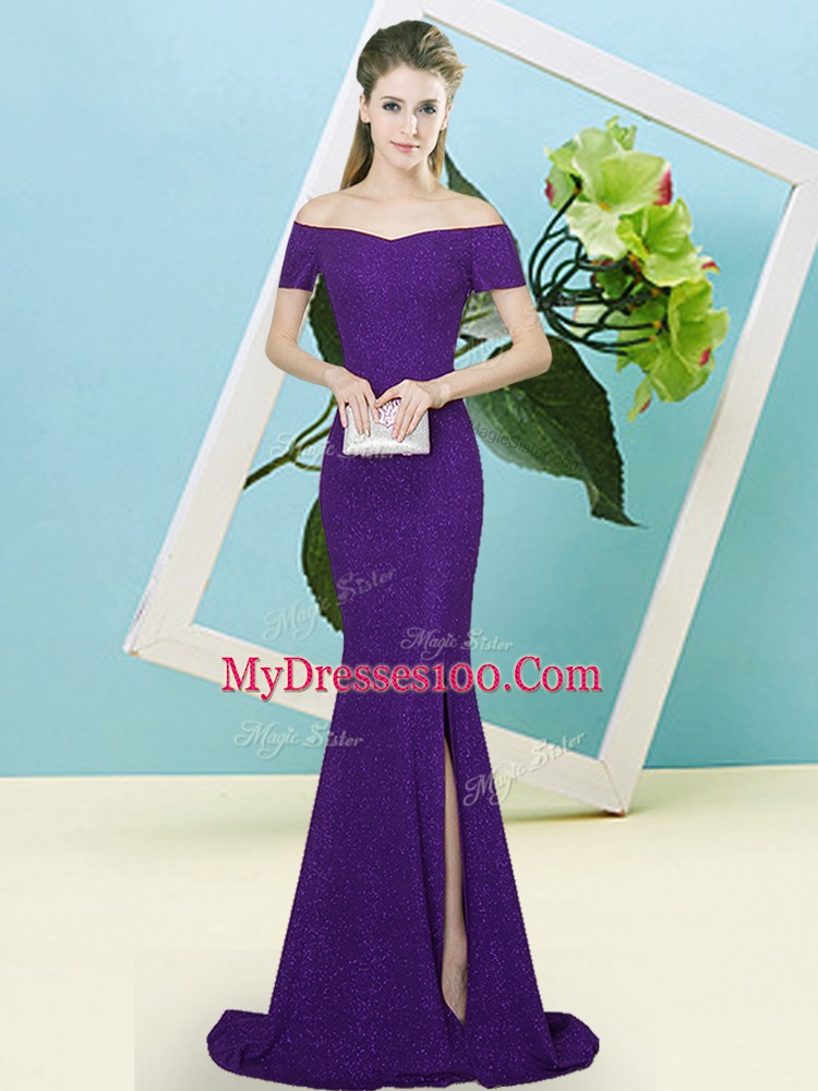 Off The Shoulder Short Sleeves Sweep Train Zipper Prom Gown Purple Sequined