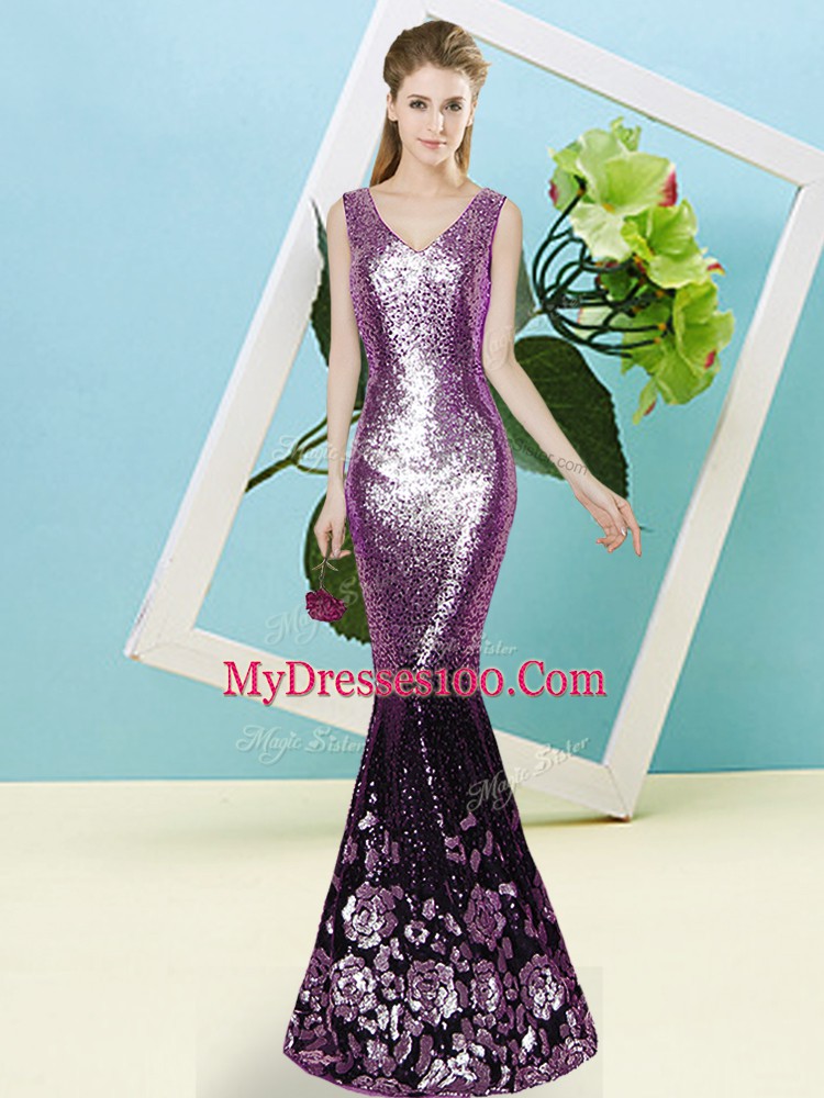 Purple Zipper V-neck Sequins Prom Dresses Sequined Sleeveless