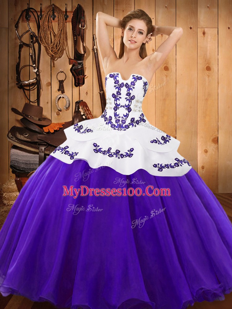 Great Purple Lace Up Ball Gown Prom Dress Embroidery Sleeveless Floor Length